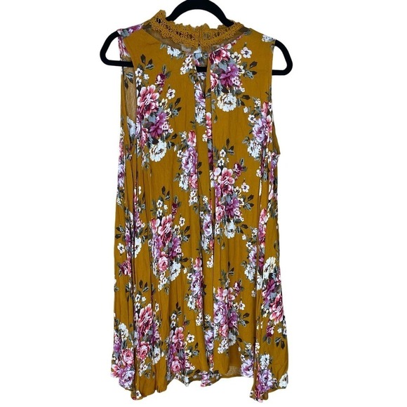 Umgee Cotton Blend, Tunic Dress, Mustard Color Floral, Large - Picture 1 of 4